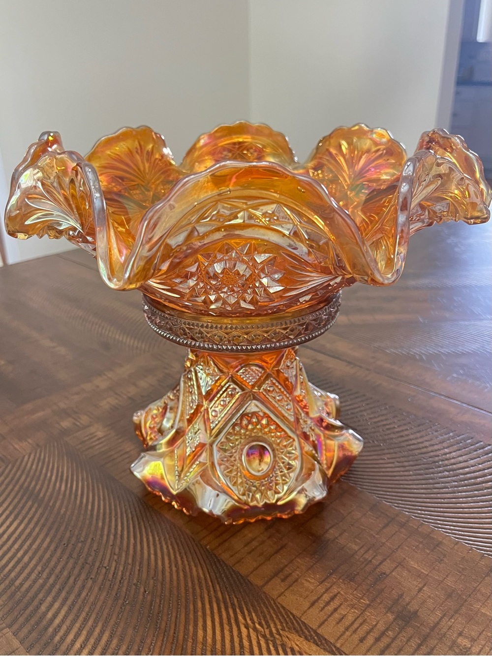 Antique Imperial Iridescent Marigold Carnival Glass Punch Bowl & Pedestal Base